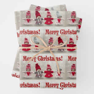 Merry Christmas Felt Dolls in Red w Snow 3 Wrapping Paper Sheets