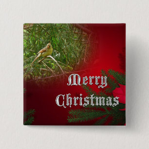 Merry Christmas Female Cardinal Songbird Pinback Button