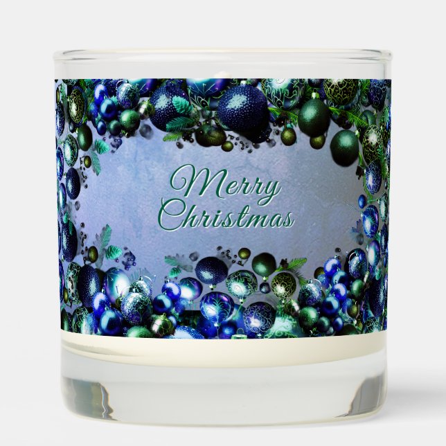 Merry Christmas Festive Blue and Green Ornament Scented Candle (Front)