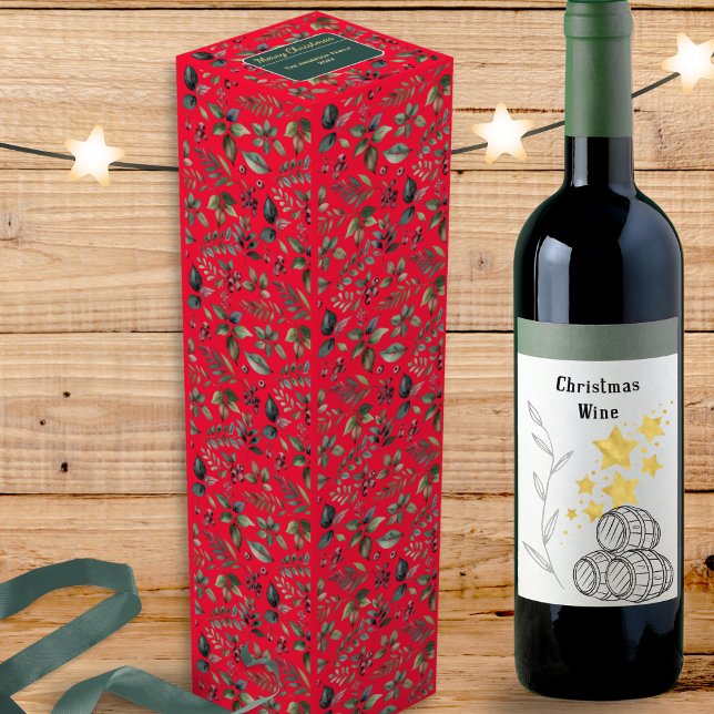 Merry Christmas Festive Botanical Red Personalized Wine Box (A festive wine gift box in red with Christmas greenery pattern, personalized with names and the year)