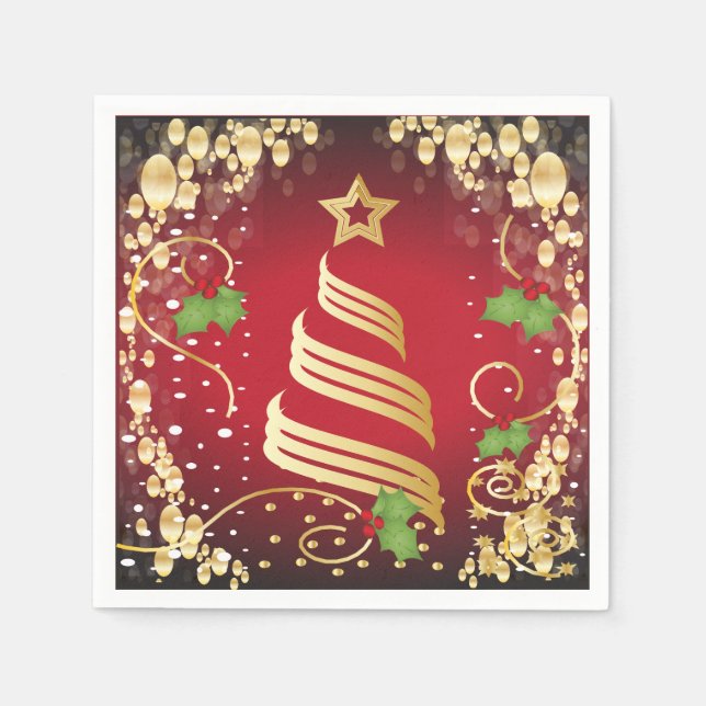 Merry Christmas Festive Bright Red and Gold Paper Napkins (Front)