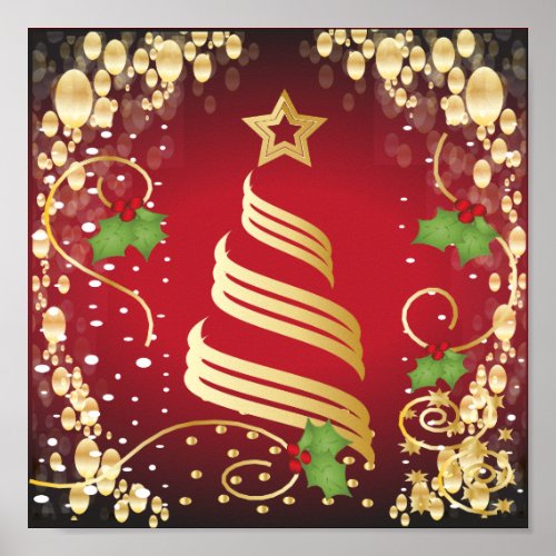 Merry Christmas Festive Bright Red and Gold Poster