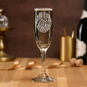 Merry Christmas Festive Calligraphy Script Champagne Flute