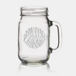 Merry Christmas Festive Calligraphy Script Mason Jar W/ Handle