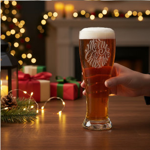 Merry Christmas Festive Calligraphy Script Pilsner Glass