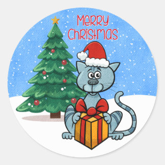Merry Christmas Festive Cat Classic Round Sticker