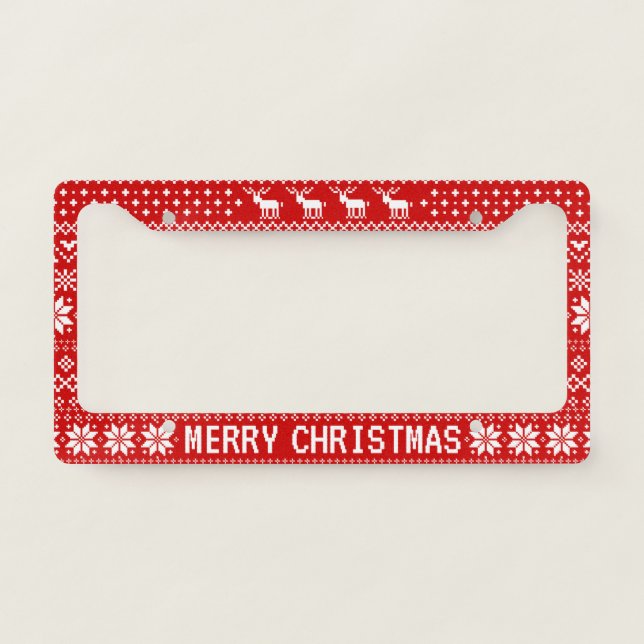 Merry Christmas Festive Christmas Sweater Pattern License Plate Frame (Front)