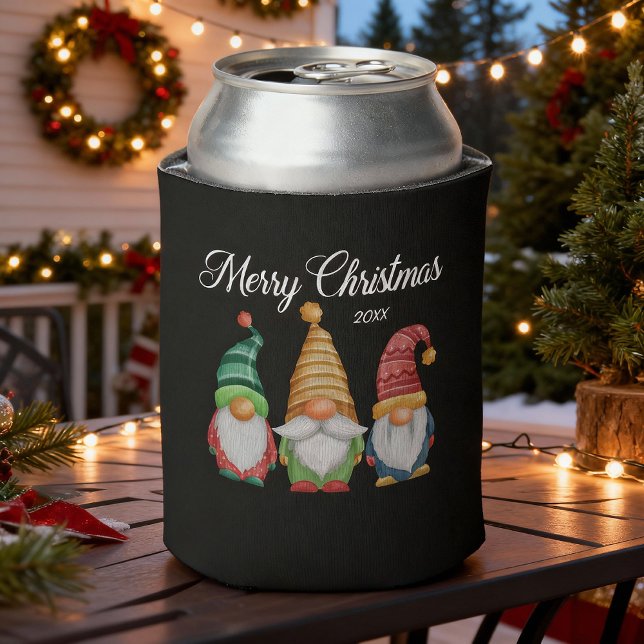 Merry Christmas Festive Colorful Gnomes Black Can Cooler (Creator Uploaded)