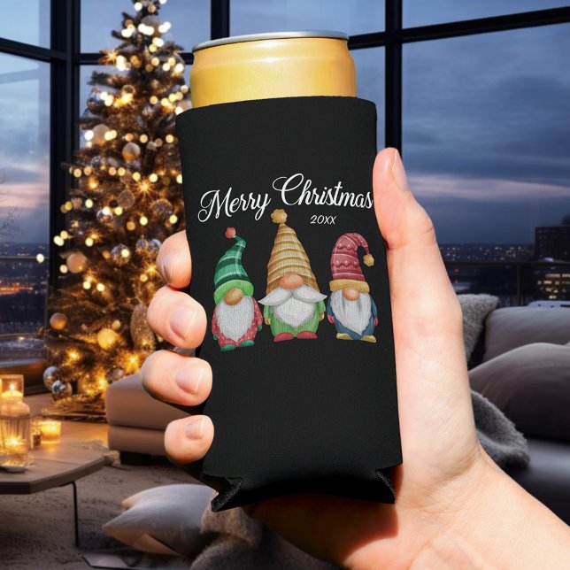 Merry Christmas Festive Colorful Gnomes Black Seltzer Can Cooler (Creator Uploaded)