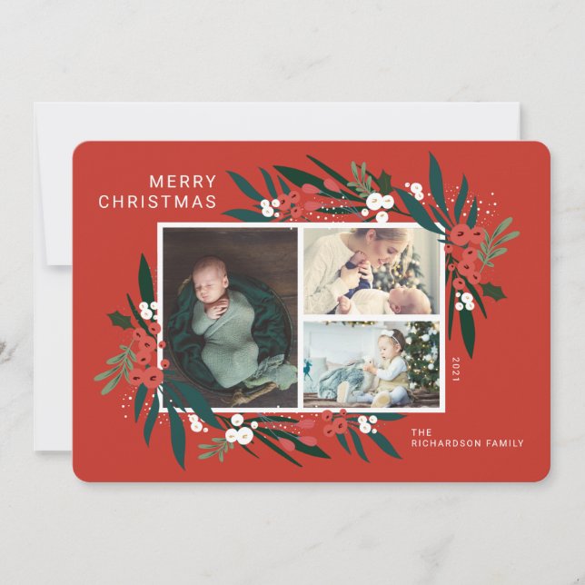 Merry Christmas Festive Cranberry & Foliage Photo Holiday Card (Front)