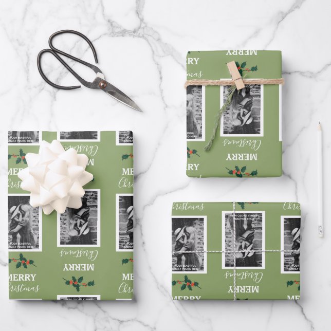 Merry Christmas Festive Customized Photo - Green Wrapping Paper Sheets (Front)