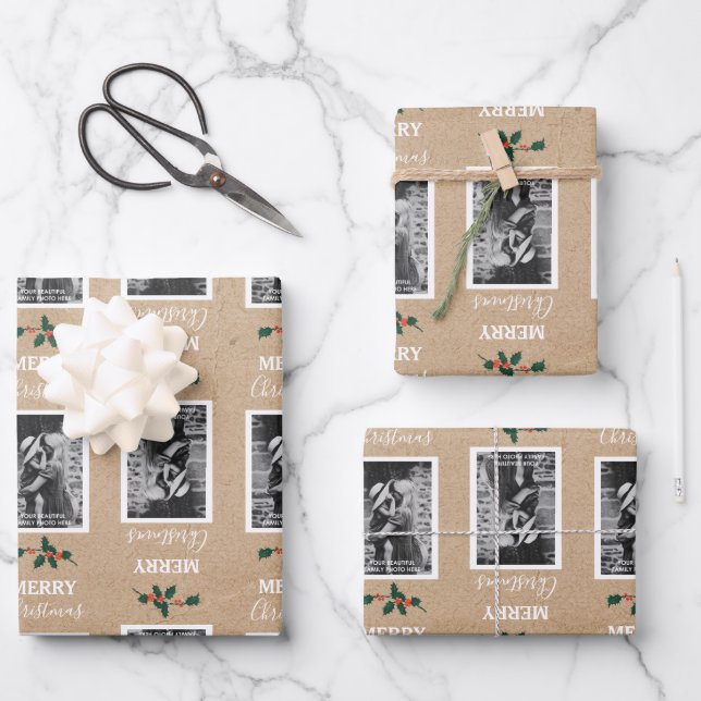 Merry Christmas Festive Customized Photo - Kraft  Wrapping Paper Sheets (Front)