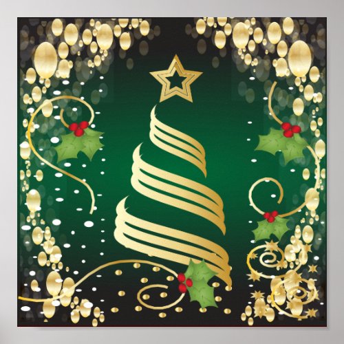 Merry Christmas Festive Dark Green and Gold Poster