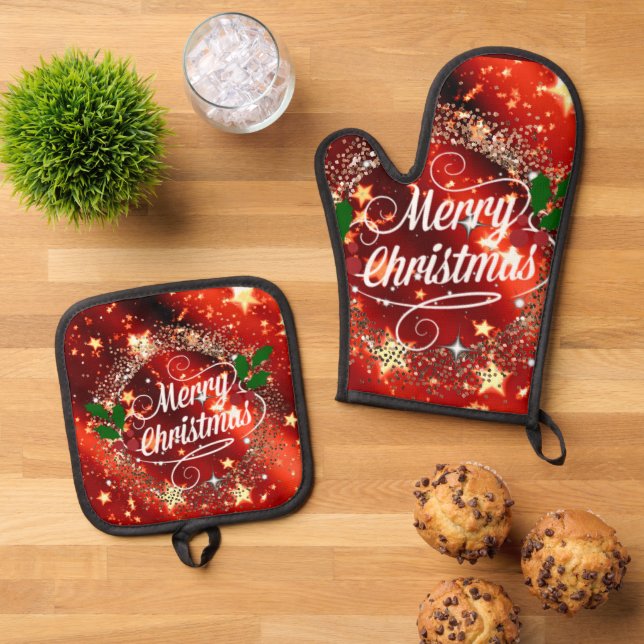 Merry Christmas, festive design, Oven Mitt & Pot Holder Set (Top Down)