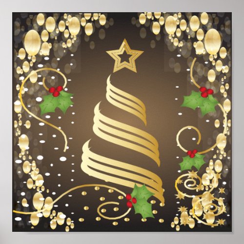 Merry Christmas Festive Earthtone Brown and Gold Poster