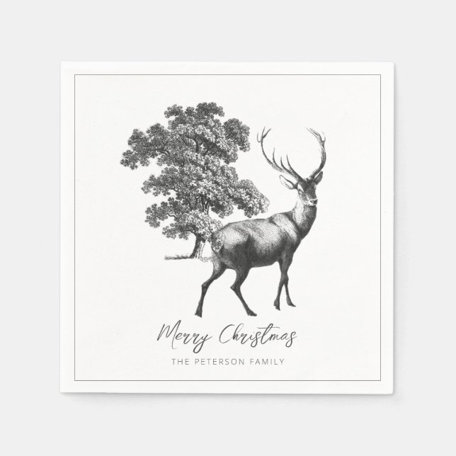 Merry Christmas Festive Elegant Black White Deer  Napkins (Front)