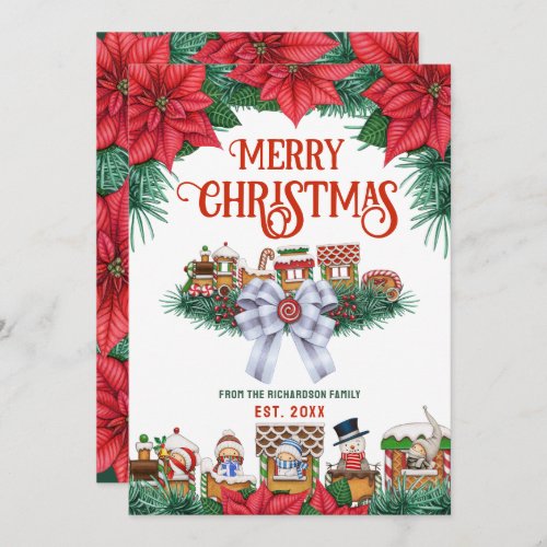 Merry Christmas Festive Floral Custom Name Photo Holiday Card
