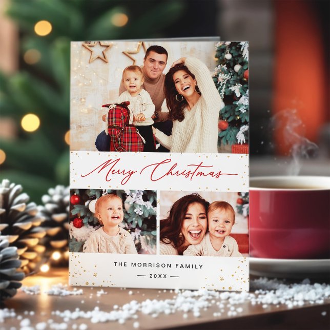 Merry Christmas Festive Gold Confetti 3 Photo Holiday Card (Creator Uploaded)