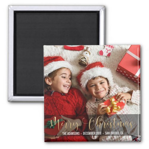 Merry Christmas | Festive Gold Typography Photo Magnet
