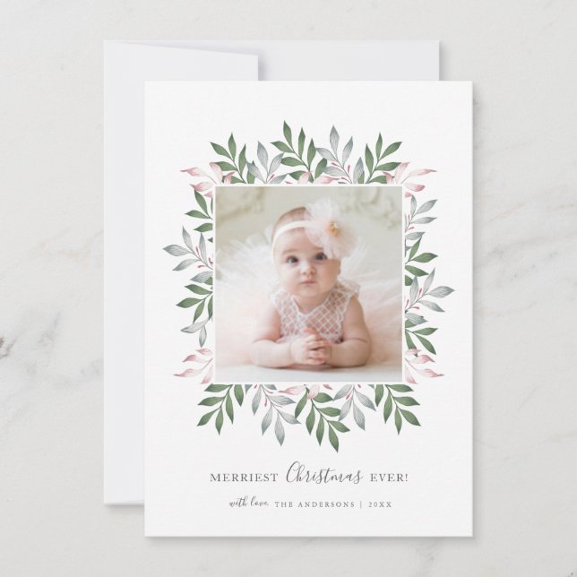 Merry Christmas Festive Greenery Photo Frame Holiday Card (Front)
