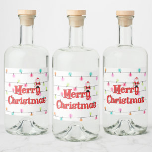 Merry Christmas Festive Holiday Lights with Santa Liquor Bottle Label
