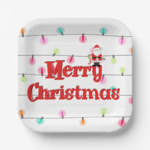 Merry Christmas Festive Holiday Lights with Santa  Paper Plates