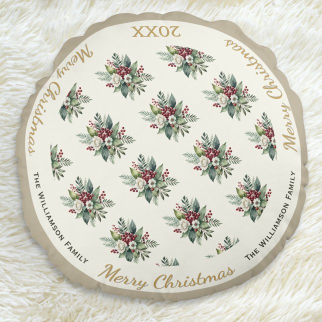 Merry Christmas Festive Holiday Watercolor Floral Round Pillow (An elegant round pillow with 'Merry Christmas' words, floral pattern and customizable name and year)