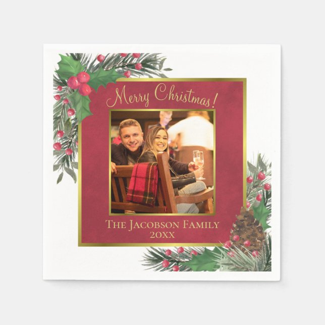 Merry Christmas Festive Holly Berries & Pine Photo Napkins (Front)