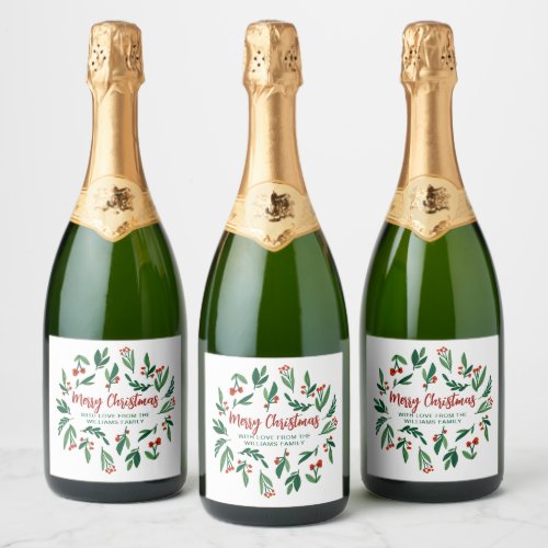 Merry Christmas Festive Holly Berry Personalized Sparkling Wine Label