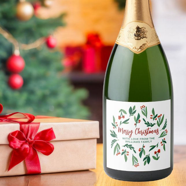 Merry Christmas Festive Holly Berry Personalized Sparkling Wine Label (Creator Uploaded)