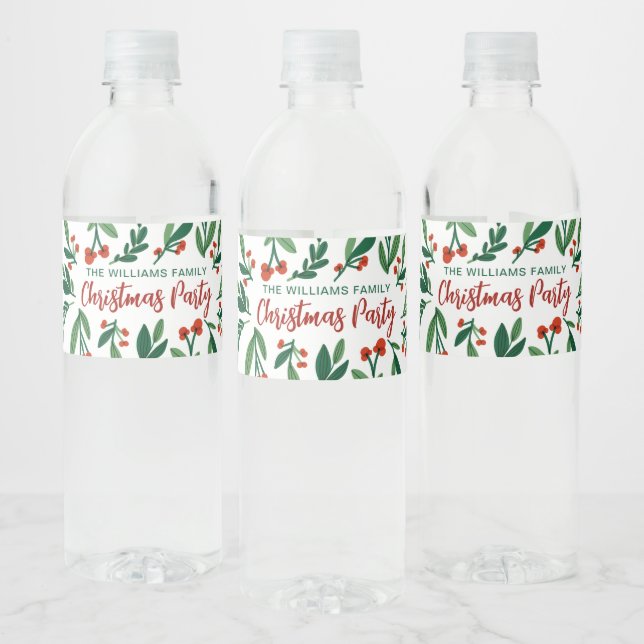 Merry Christmas Festive Holly Berry Personalized  Water Bottle Label (Bottles)