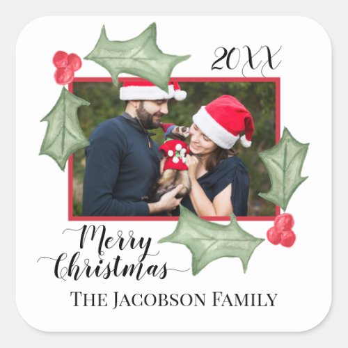 Merry Christmas Festive Holly Leaves Photo Frame Square Sticker