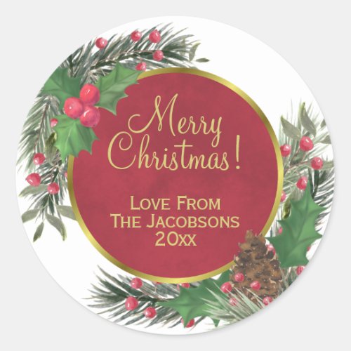 Merry Christmas Festive Holly  Pine Holiday Classic Round Sticker