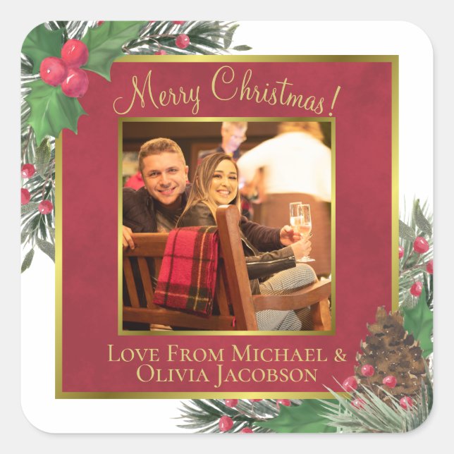 Merry Christmas! Festive Holly & Pine with Photo Square Sticker (Front)
