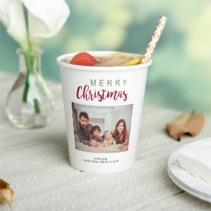 Merry Christmas Festive Lettering Family Photo  Paper Cups