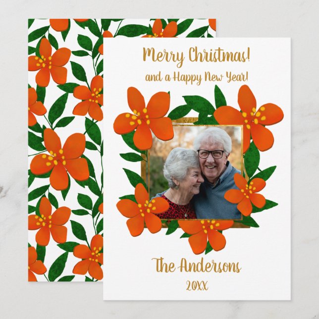 Merry Christmas | Festive Orange Red Florals Photo Holiday Card (Front/Back)
