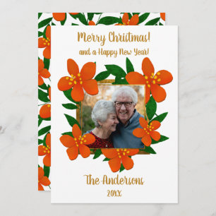 Merry Christmas Festive Orange Red Florals Photo Holiday Card