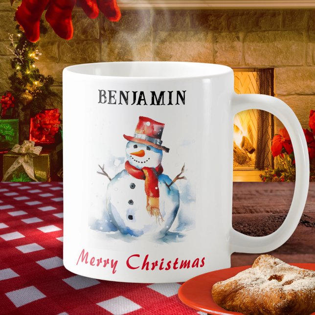 Merry Christmas Festive Personalized Snowman Coffee Mug (A personalized Christmas mug for hot drinks, with illustration of a snowman in a watercolor style)