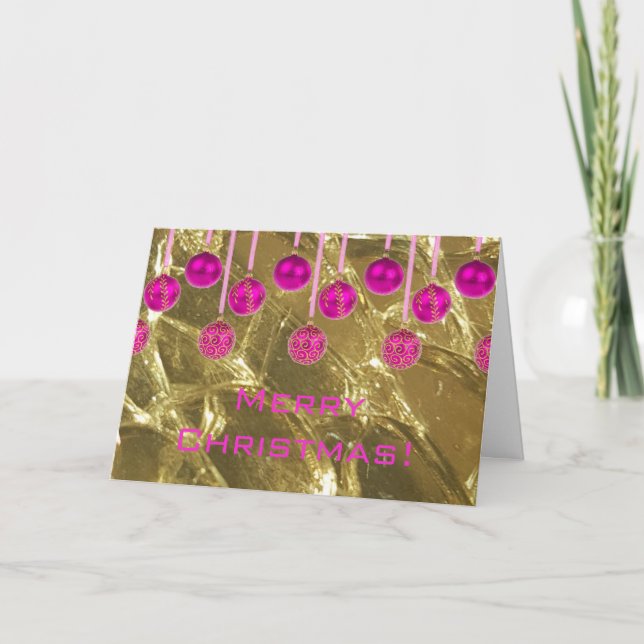 Merry Christmas Festive Pink Gold Baubles Holiday Card (Front)