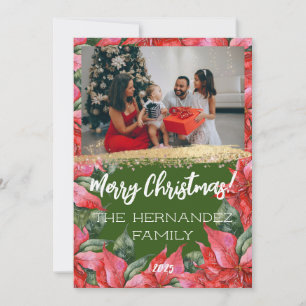 Merry Christmas Festive Poinsettia Family Photo Holiday Card