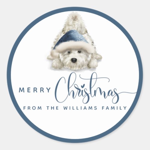Merry Christmas Festive Puppy Blue and White Classic Round Sticker