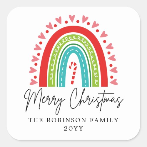 Merry Christmas Festive Rainbow Candy Cane Heart C Square Sticker
