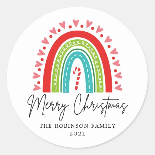 Merry Christmas Festive Rainbow Candy Cane Heart Classic Round Sticker