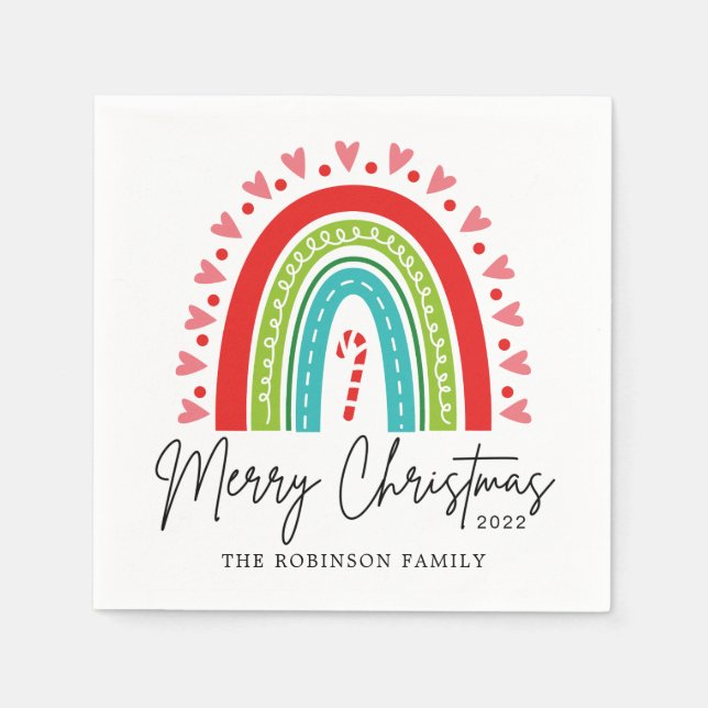 Merry Christmas Festive Rainbow Candy Cane Heart Napkins (Front)