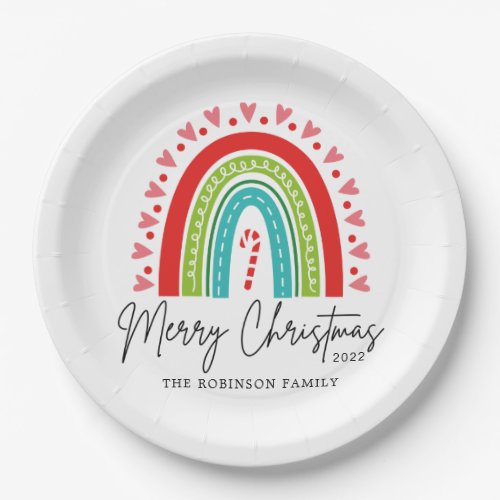 Merry Christmas Festive Rainbow Candy Cane Heart Paper Plates