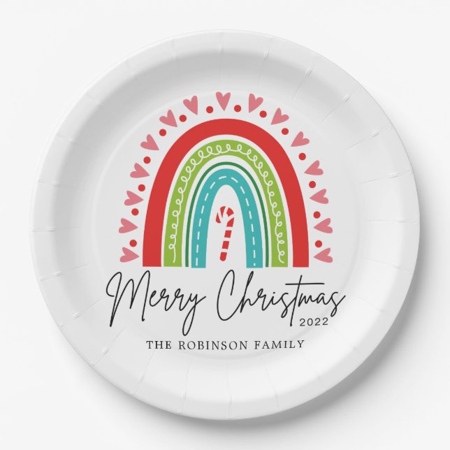 Merry Christmas Festive Rainbow Candy Cane Heart Paper Plates (Front)