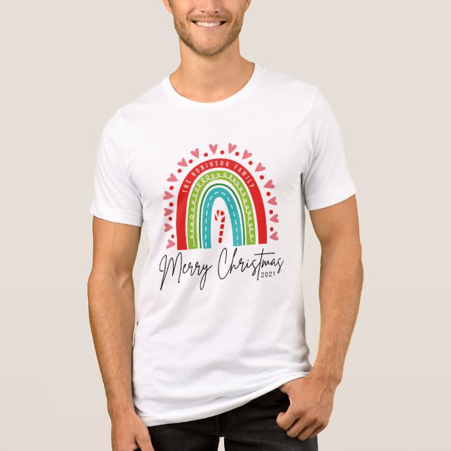 Merry Christmas Festive Rainbow Candy Cane Heart Tri-Blend Shirt (Front)