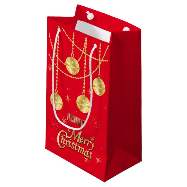 Merry Christmas Festive Red and Gold Ornaments Small Gift Bag (Front Angled)