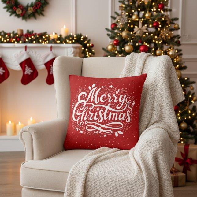 Merry Christmas Festive Red and White Holiday Throw Pillow (Merry Christmas Festive Red and White Holiday Throw Pillow)