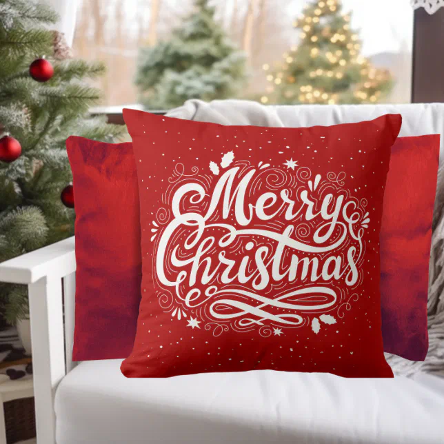 Merry Christmas Festive Red and White Holiday Throw Pillow  Zazzle